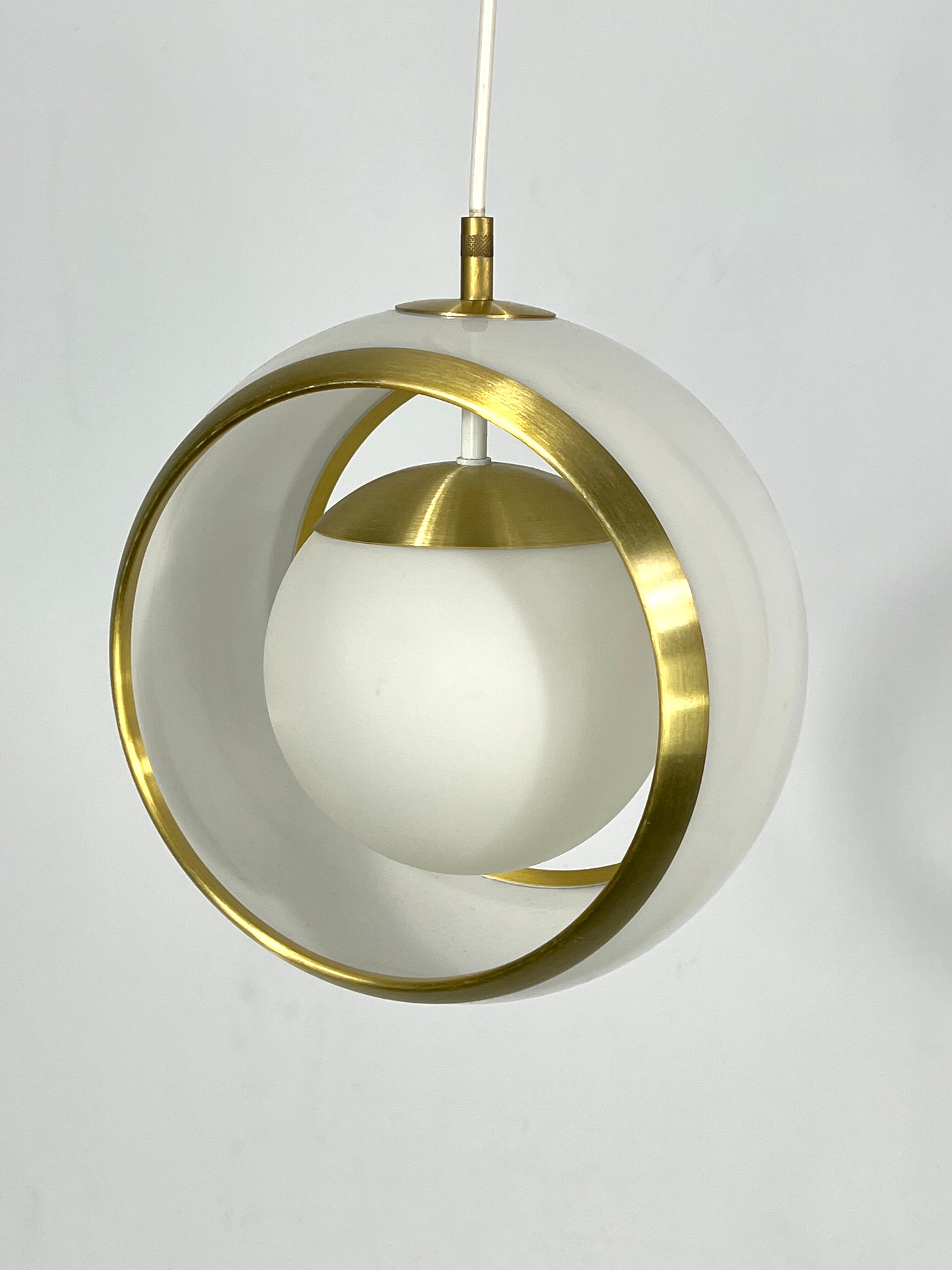Stilux Milano, gilded aluminum, opaline and perspex pendant. Italy 1960s