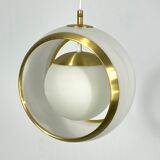 Stilux Milano, gilded aluminum, opaline and perspex pendant. Italy 1960s