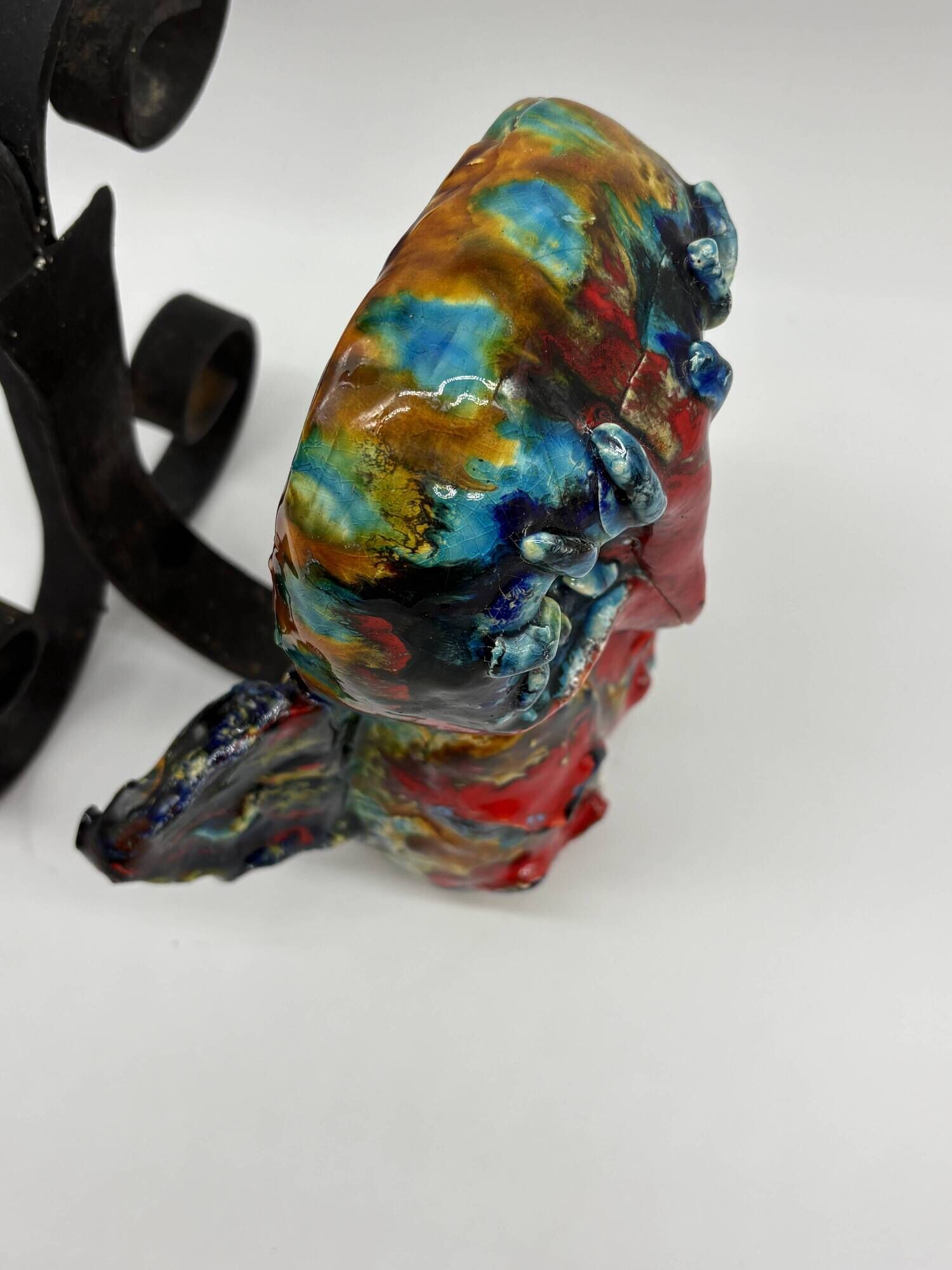 Owl Sculpture in Glazed Ceramic Dated 1991 on Wrought Iron Base