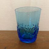 Série de 6 verres à jus verre moulé bleu décor feuilles vintage