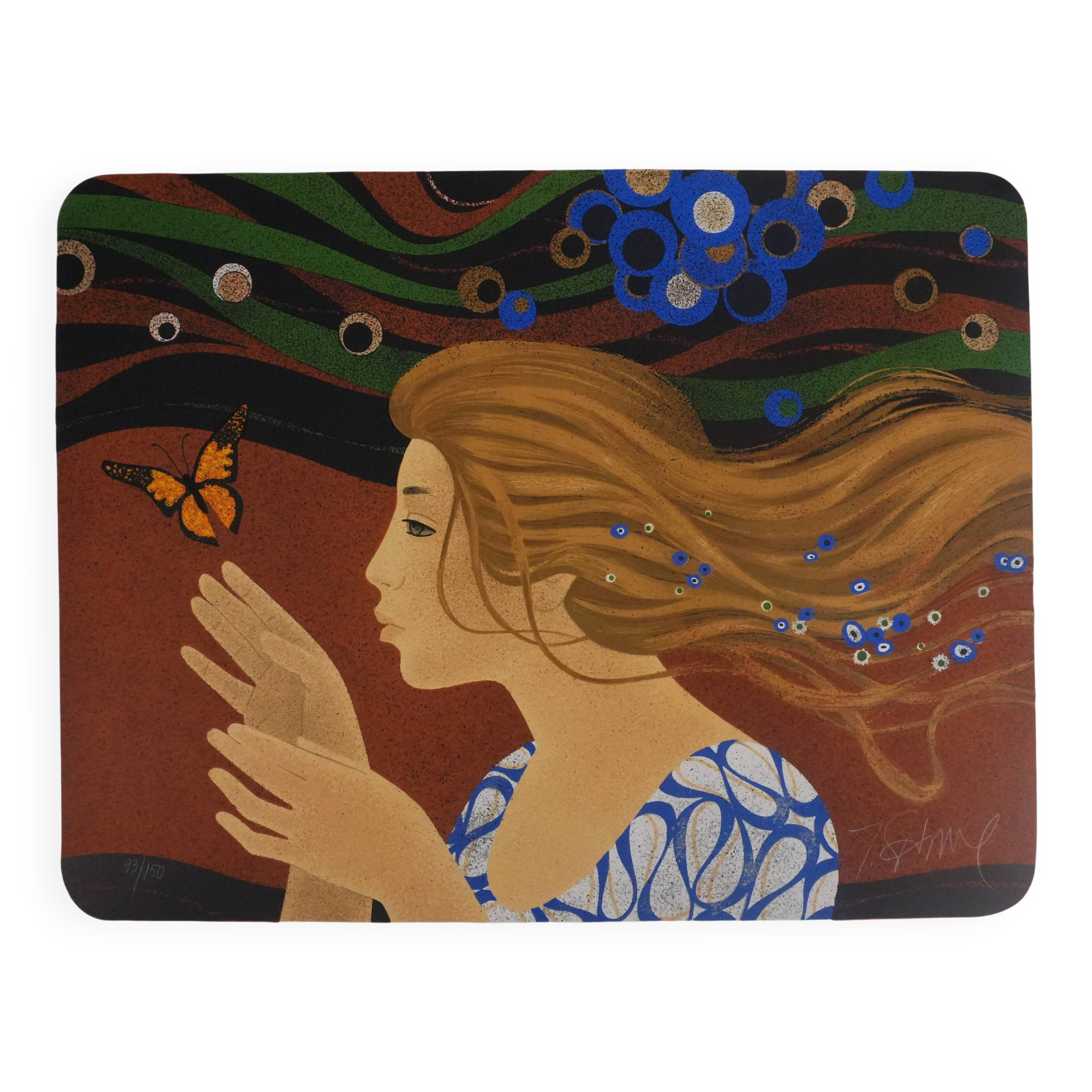 Yves Ganne: The Woman with the Butterfly, original signed lithograph
