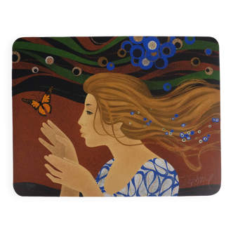 Yves Ganne : La femme au papillon, lithographie originale signée