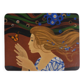 Yves Ganne : La femme au papillon, lithographie originale signée