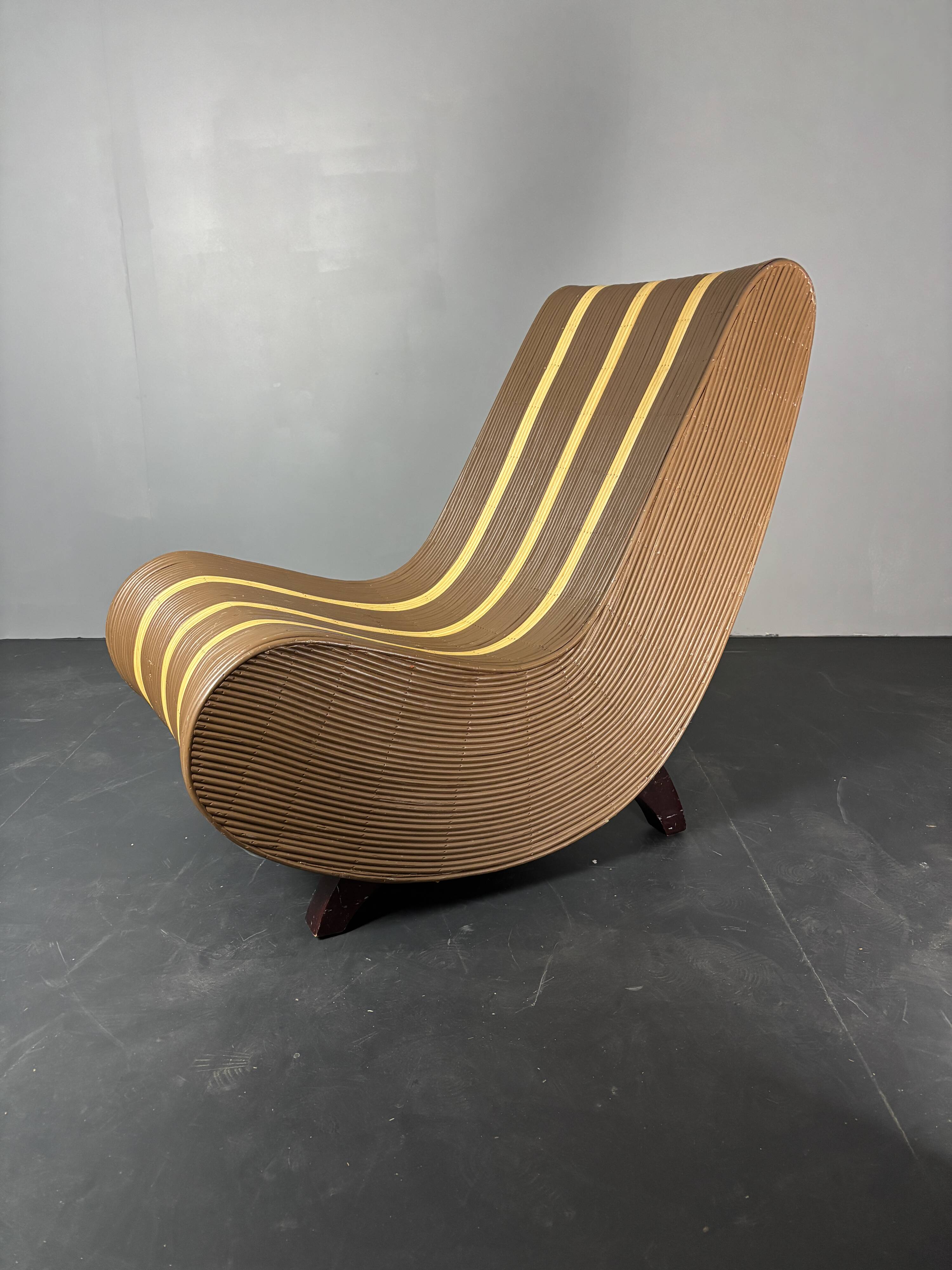 Curvy wavy pencil reed rattan bamboo low lounge chair, 1970s