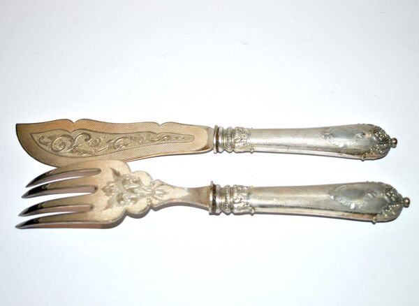 Service à poisson en Argent fourré ancien - Couvert de service gravé et guilloché Napoléon III