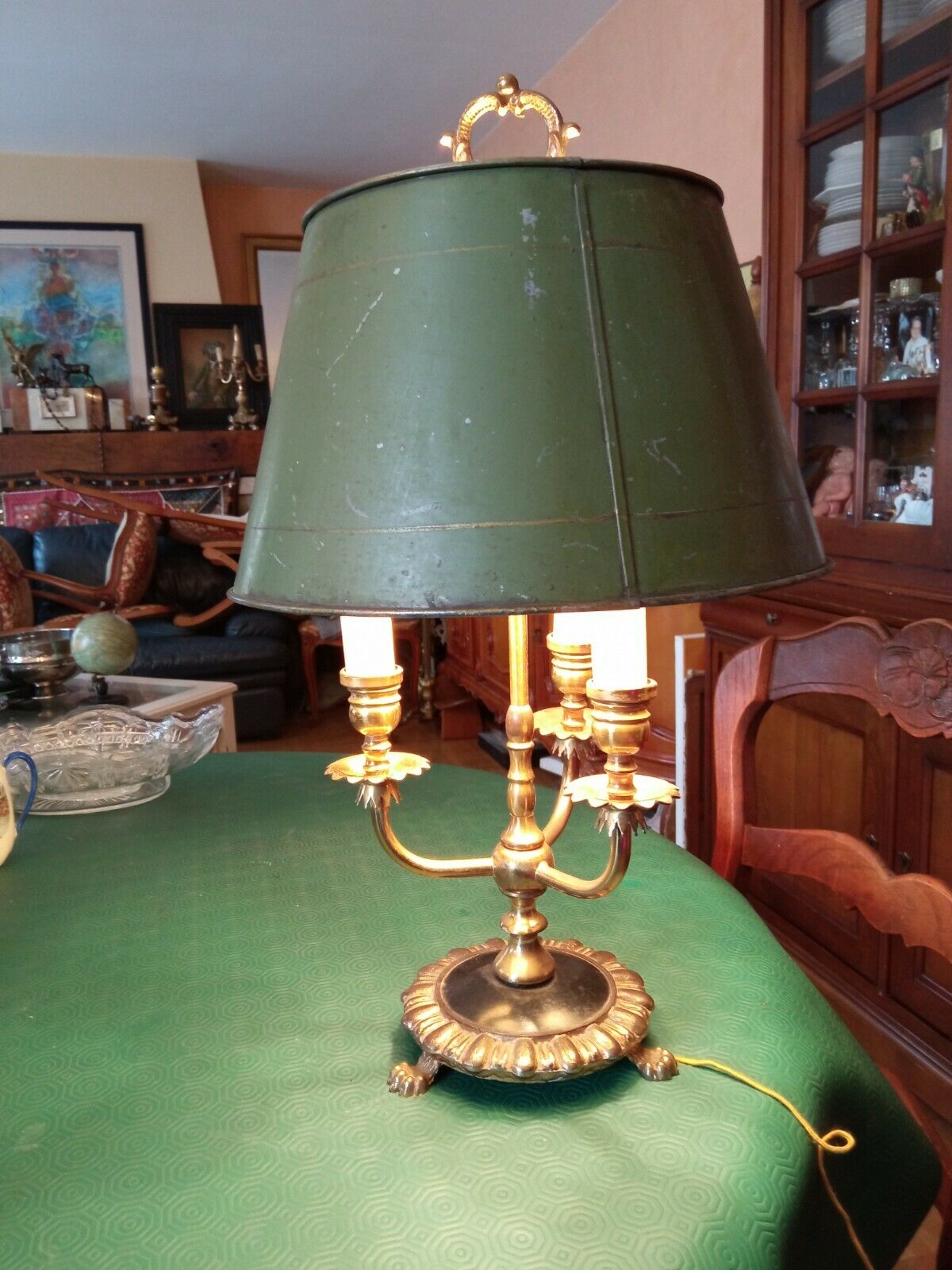 Lamp hot water bottle 3 lights gilded bronze lampshade sheet metal lion's pates