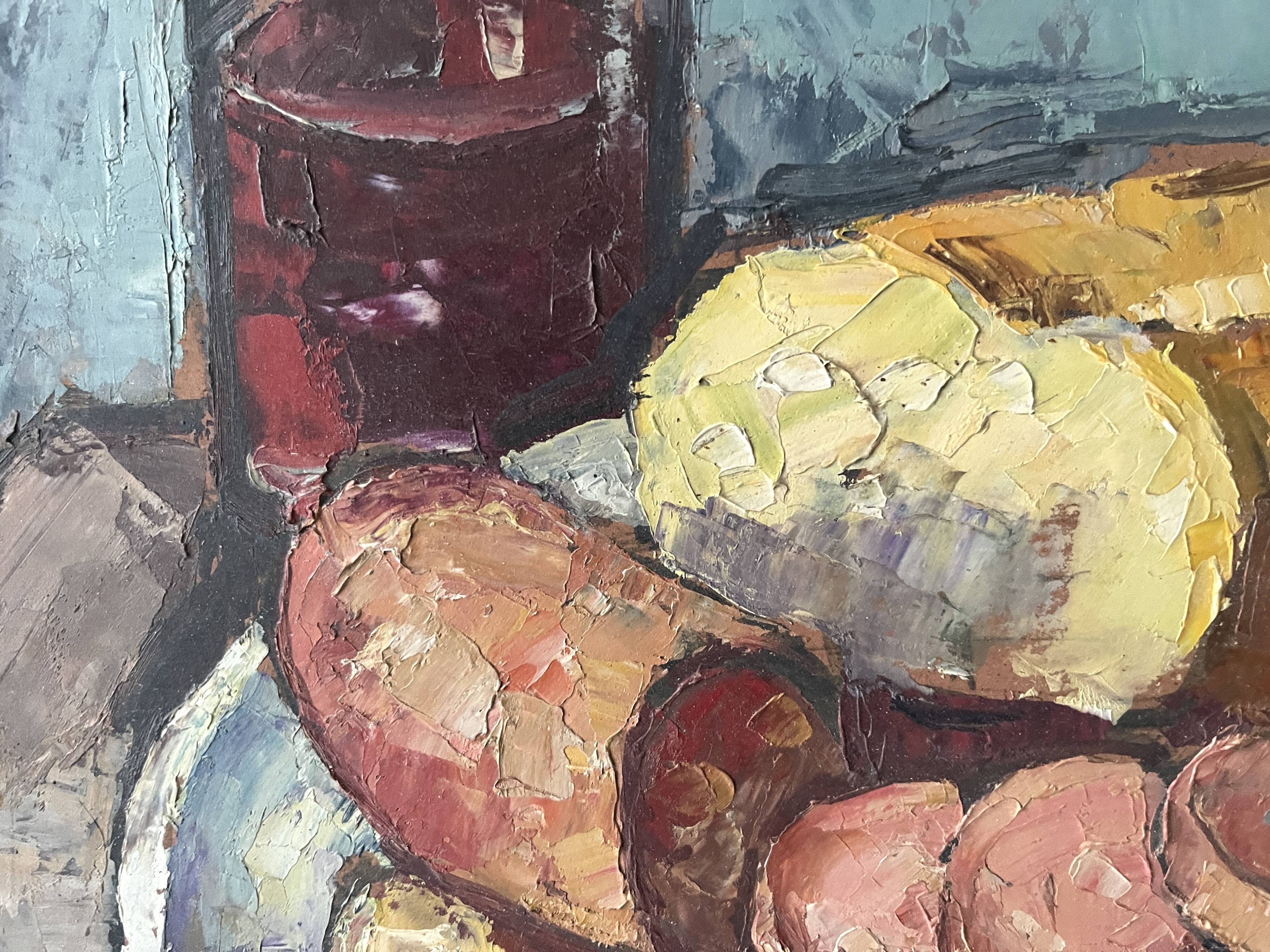 Oil on canvas still life with a baguette and sausage from the 1940s.
