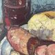 Oil on canvas still life with a baguette and sausage from the 1940s.