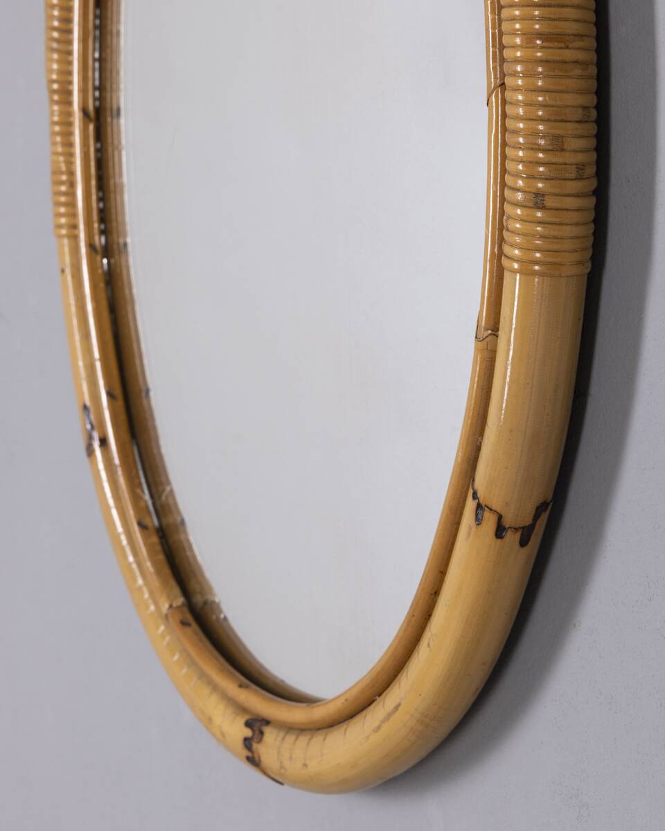 Vintage 1960s Italian design oval bamboo wall mirror