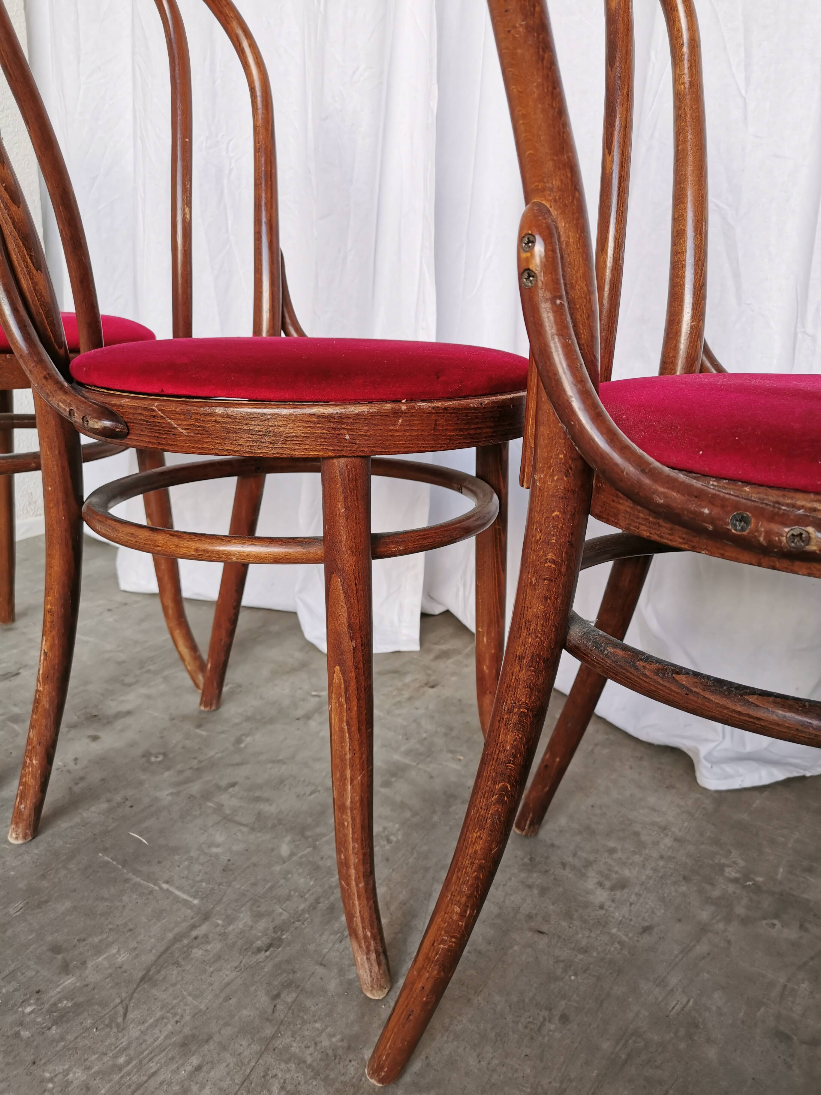 Set of 4 Vintage Bentwood Bistro Chairs, Red Upholstery