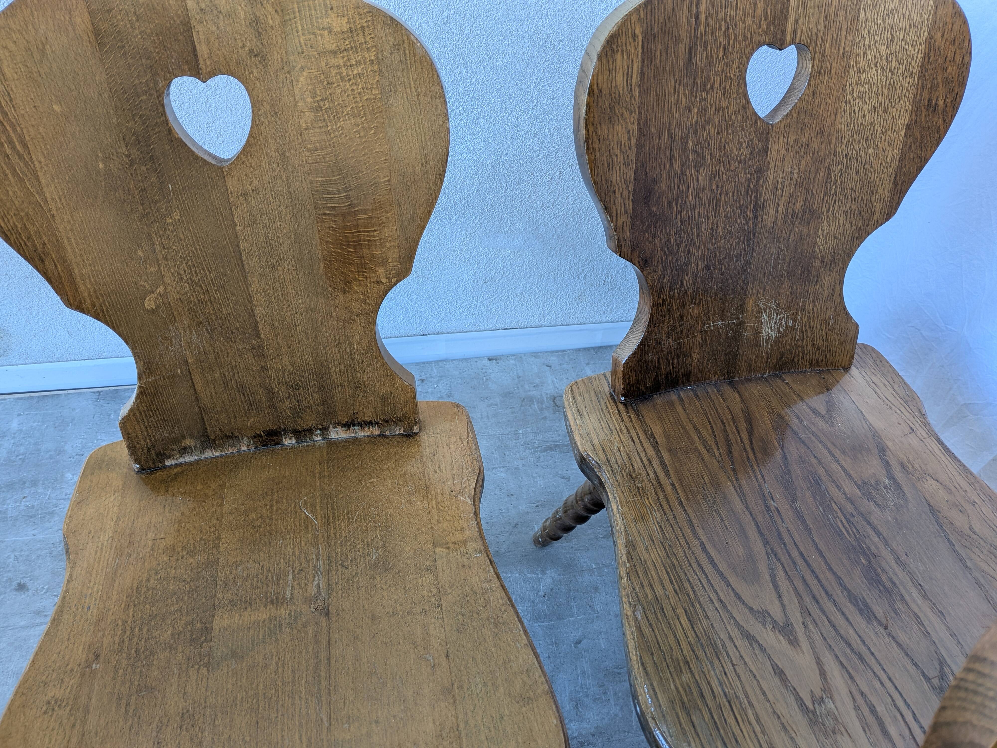 Set of 8 Vintage Tyrolean Heart Cutout Wooden Dining Chairs / Darker Brown