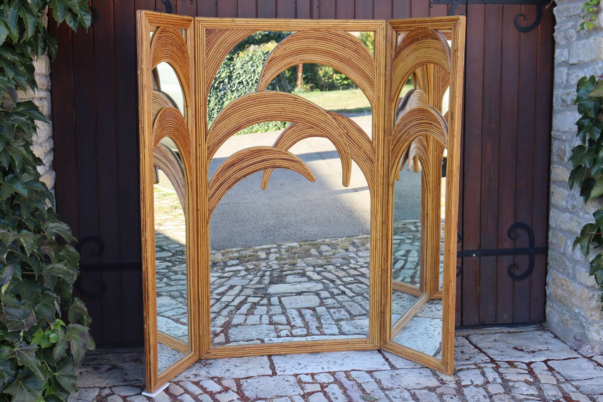 Bamboo Palm Mirror Screen by Vivaï Del Sud Italy 1970
