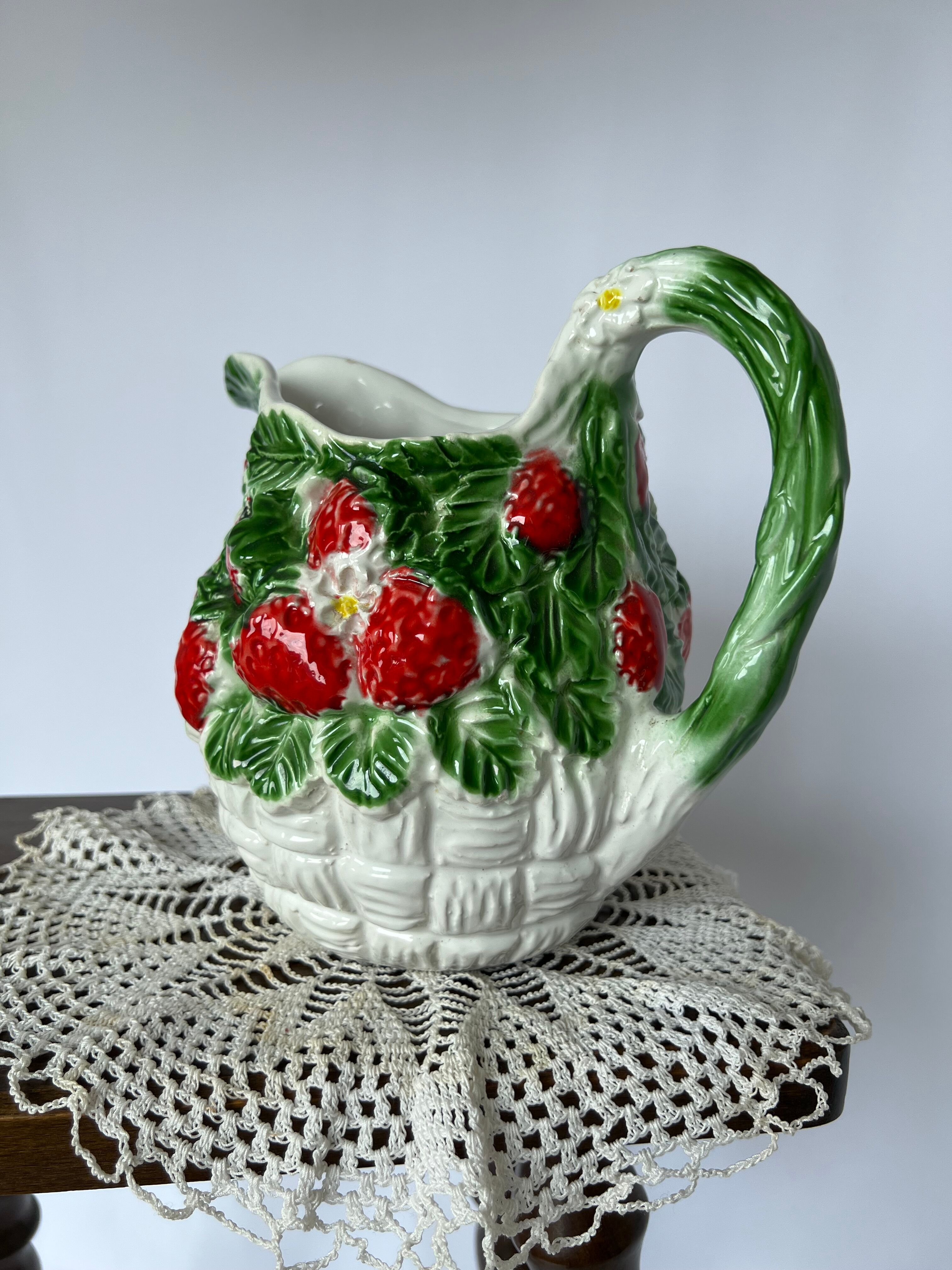 Pitcher carafe vintage slip pattern strawberries