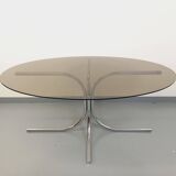 Vintage oval dining table in smoked glass and chrome metal