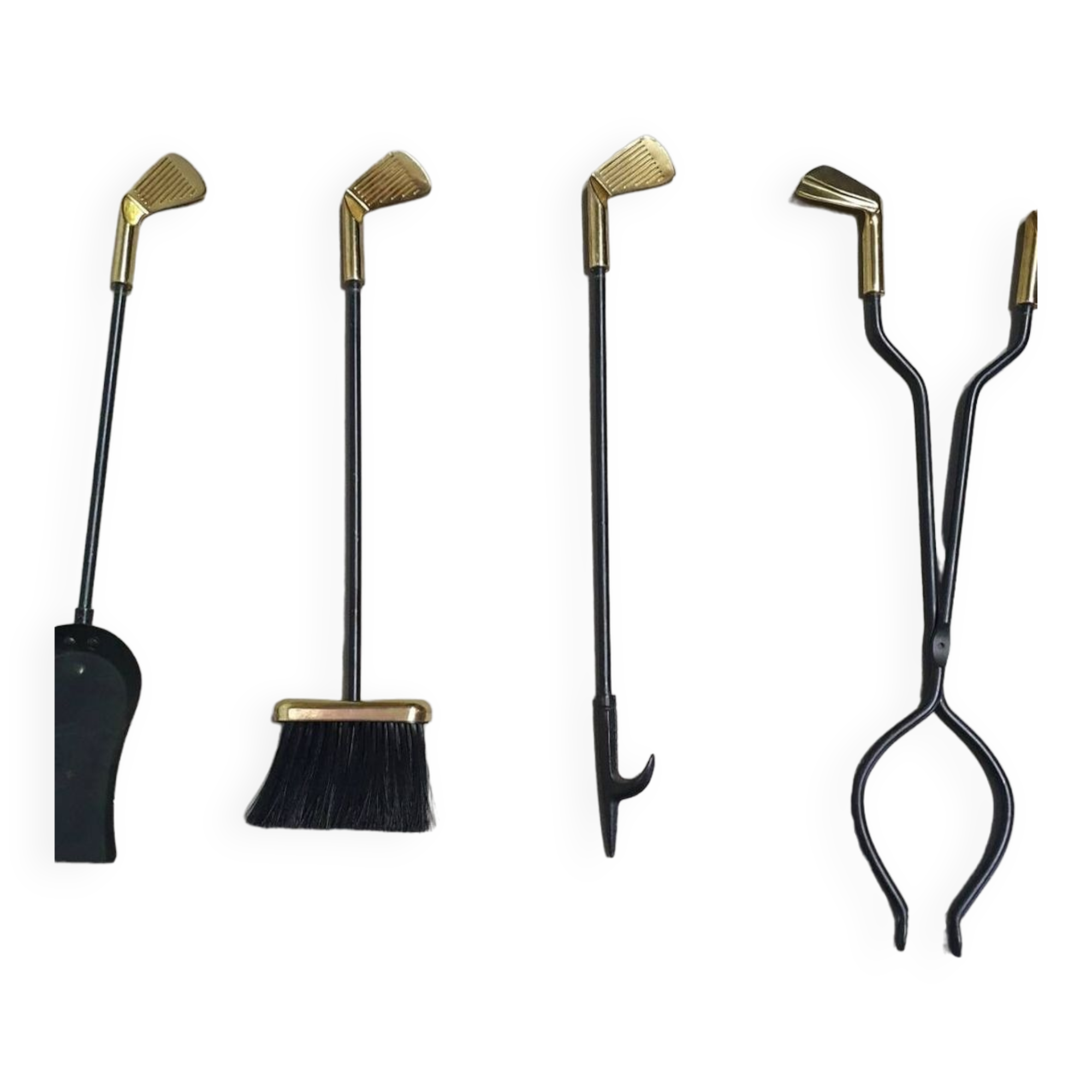 Vintage Set of five Brass Fireplace Tools in Golf Themed Clubs, France circa 1950's