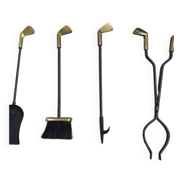 Ensemble vintage de cinq outils de cheminée en laiton dans des clubs à thème de golf, France vers les années 1950