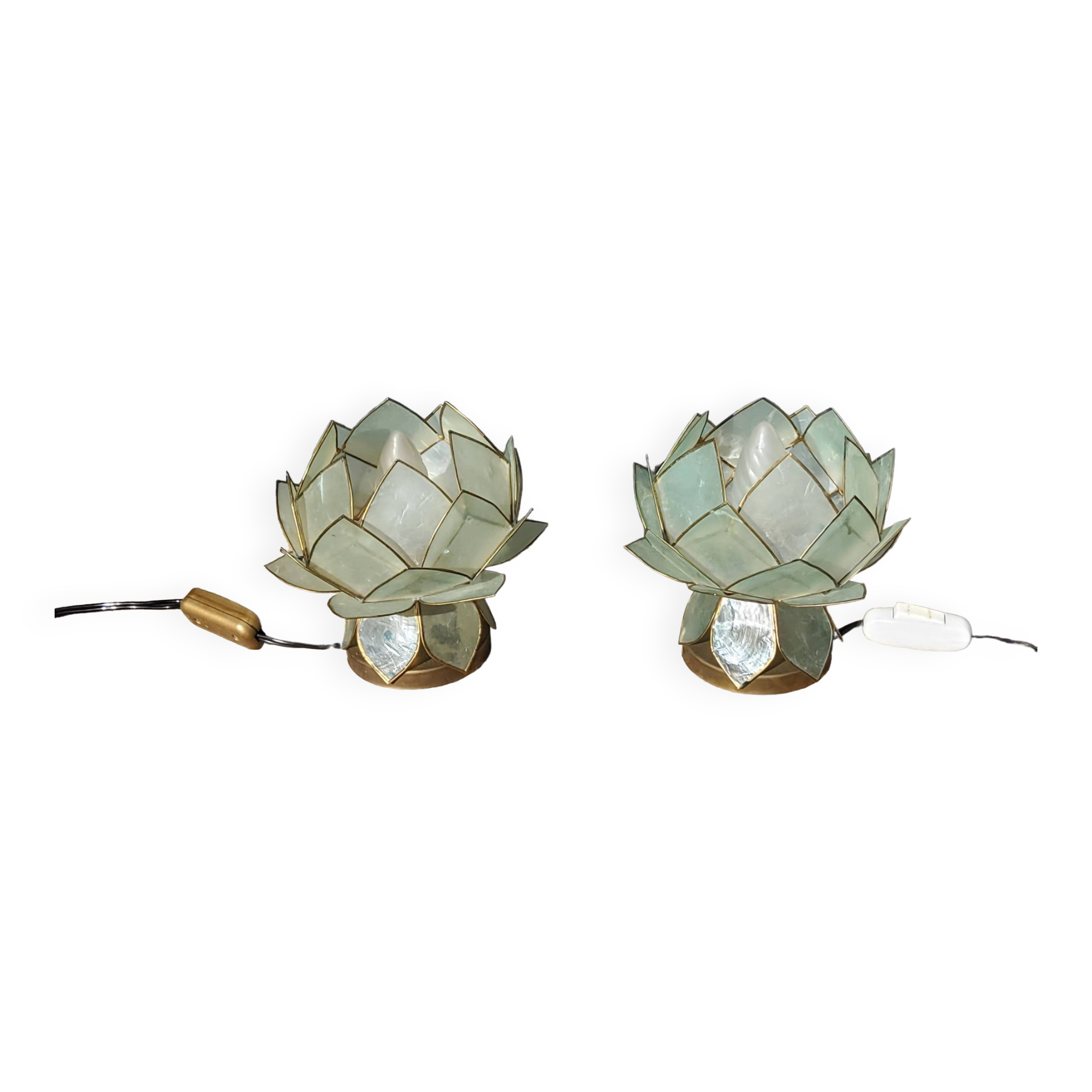 Pair of designer table lamps in turquoise blue green capiz mother-of-pearl from the 70s