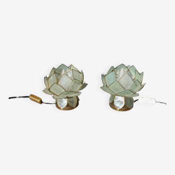Pair of designer table lamps in turquoise blue green capiz mother-of-pearl from the 70s