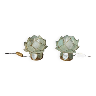 Pair of designer table lamps in turquoise blue green capiz mother-of-pearl from the 70s