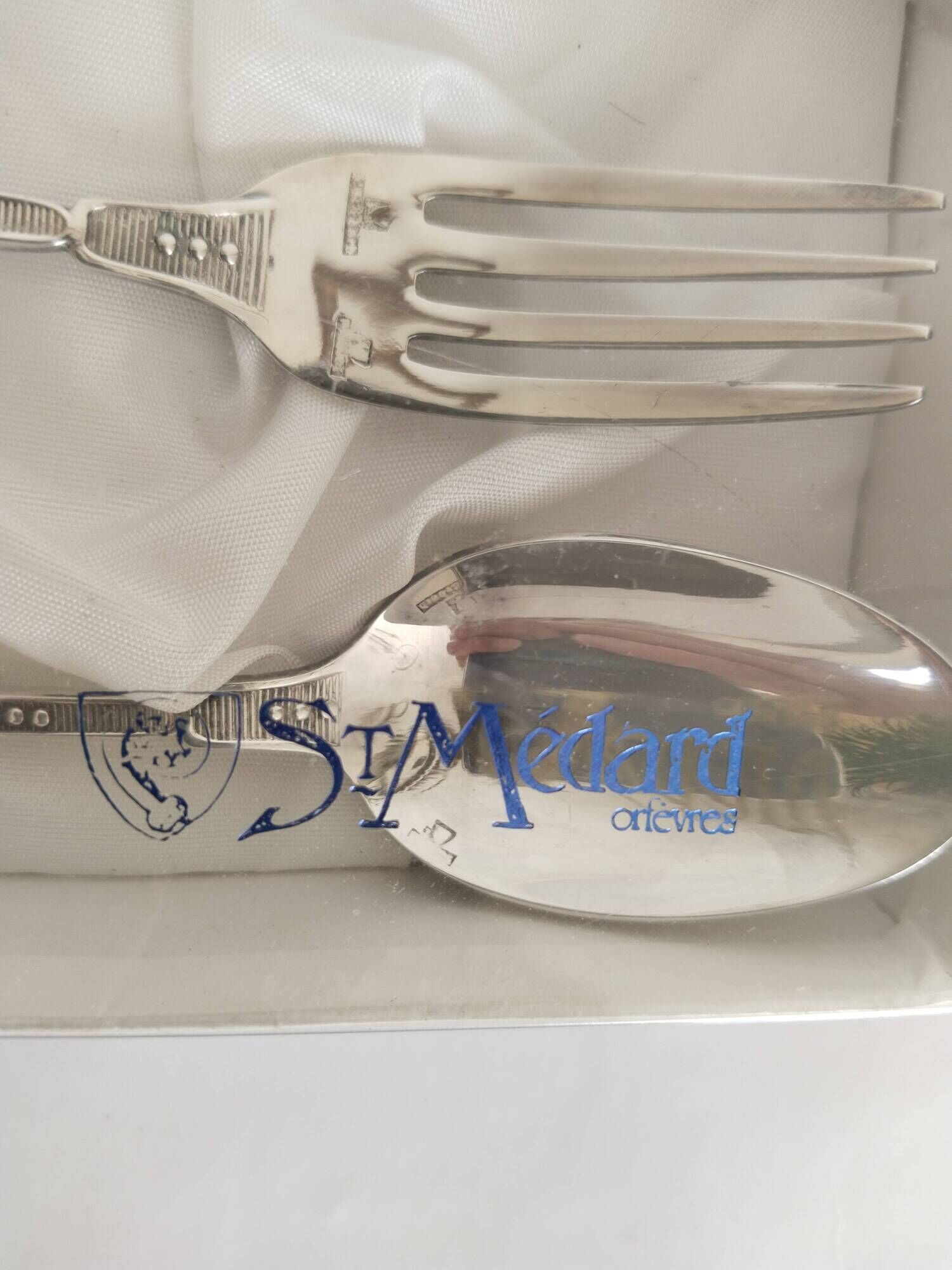Children's silver cutlery, 1 fork and 1 spoon Saint Médard