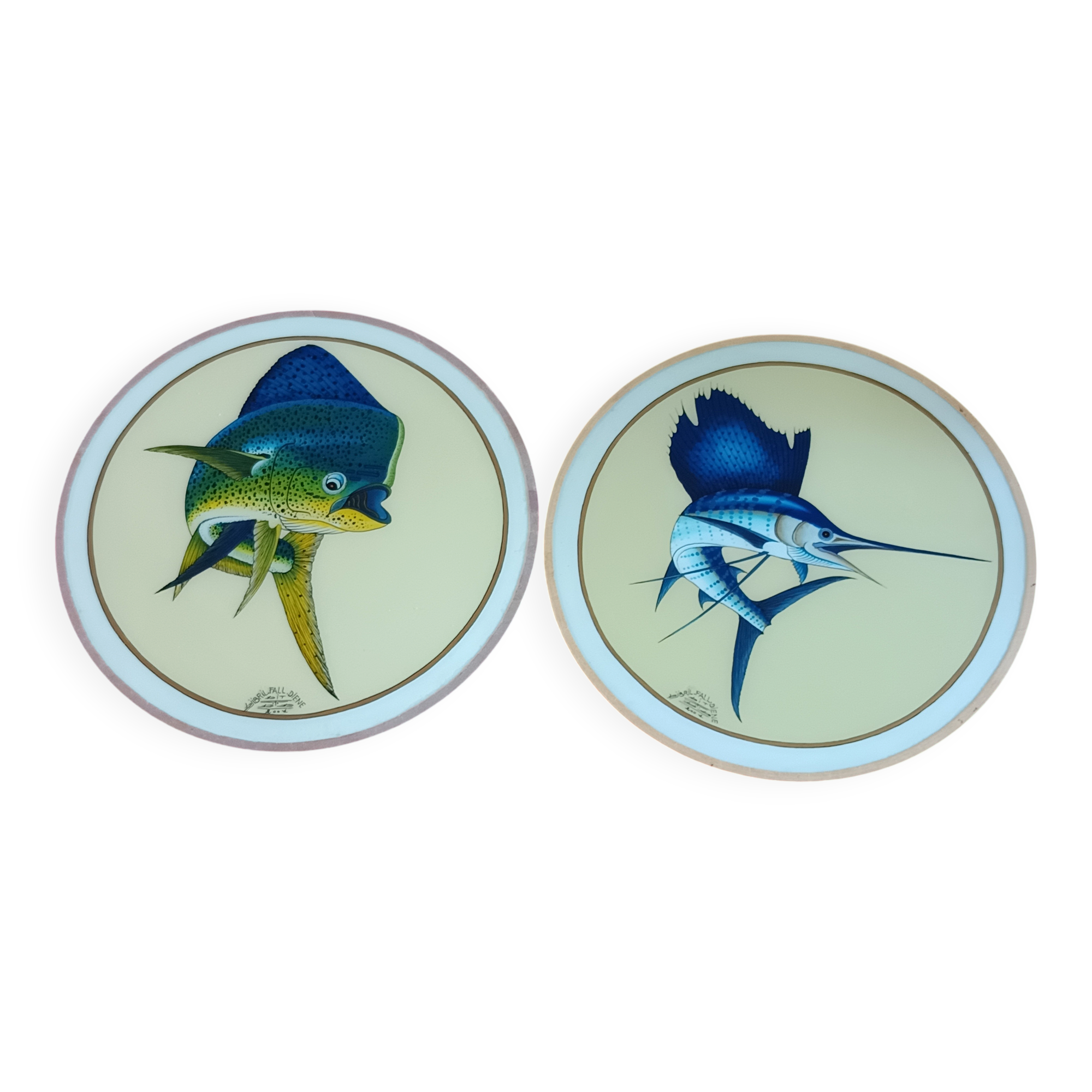 Pair of decorative panels signed by Djibril Fall Diène Exotic Fish