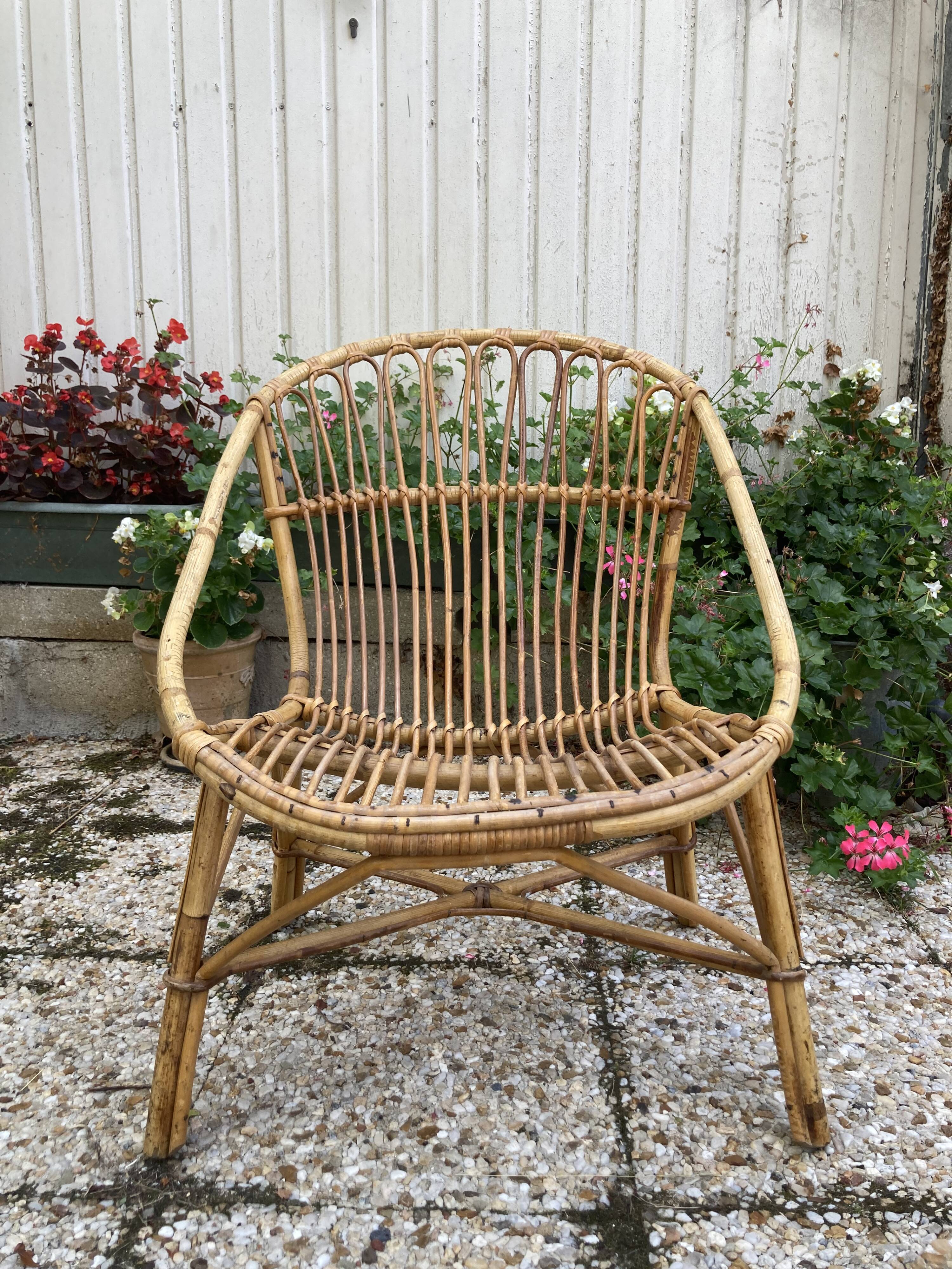 Set of 3 vintage rattan armchairs