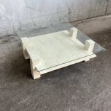 Table basse sculpturale travertin et verre, vintage 1980s
