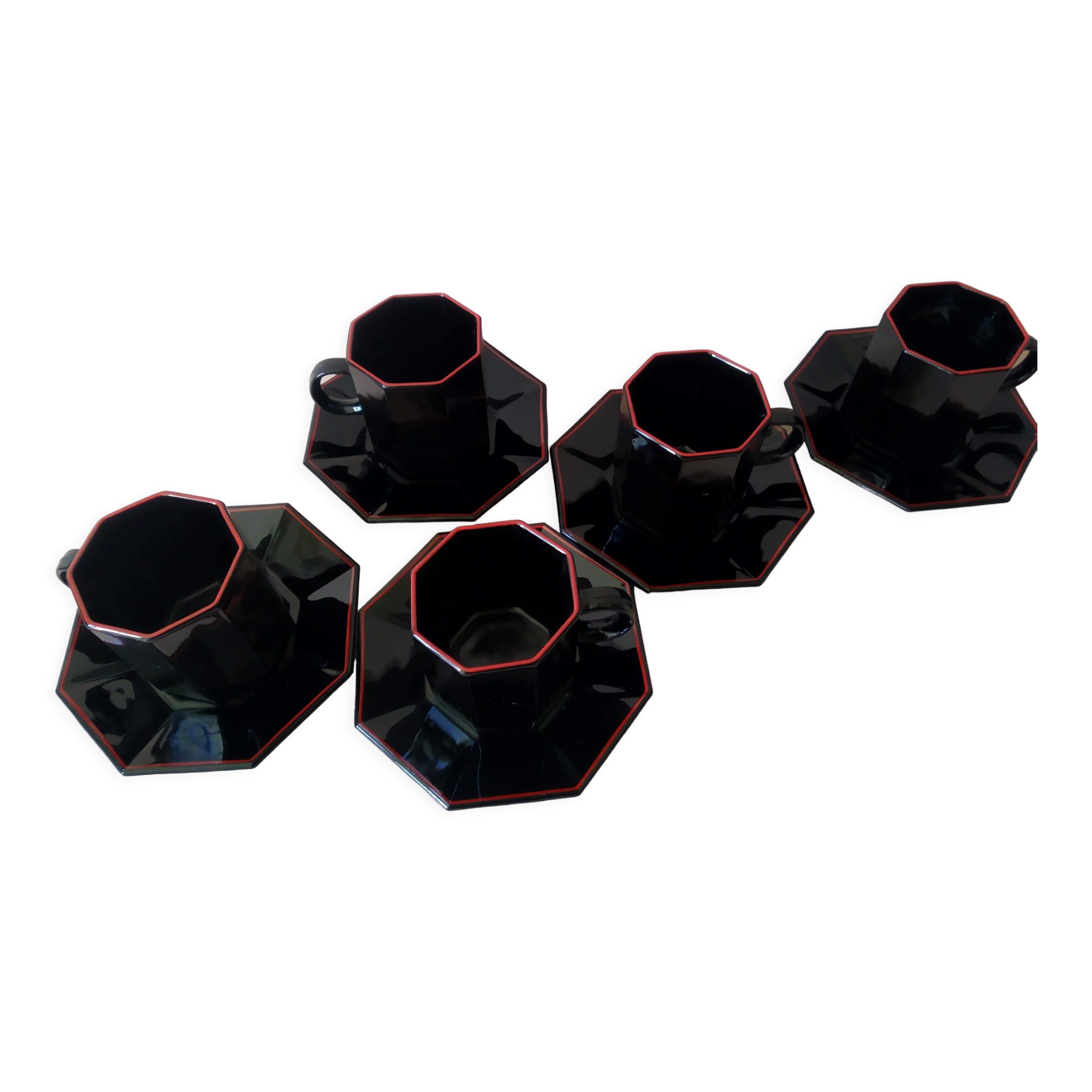 5 tasses à café Arcoroc Octime noir et rouge Années 80