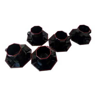 5 coffee cups Arcoroc Octime black and red 80s