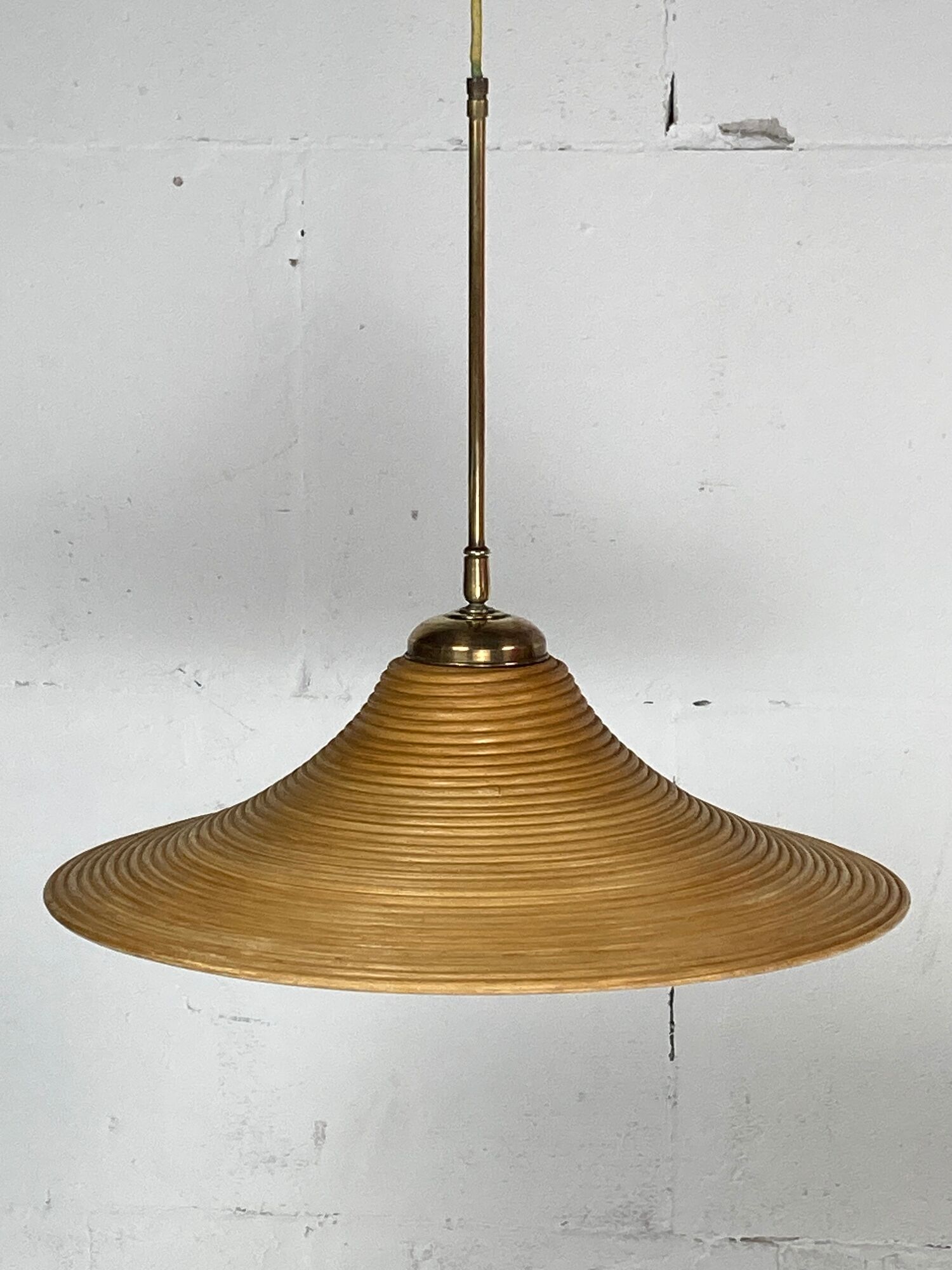 Pair pencil reed rattan bamboo and brass pendants, Italy 1970s