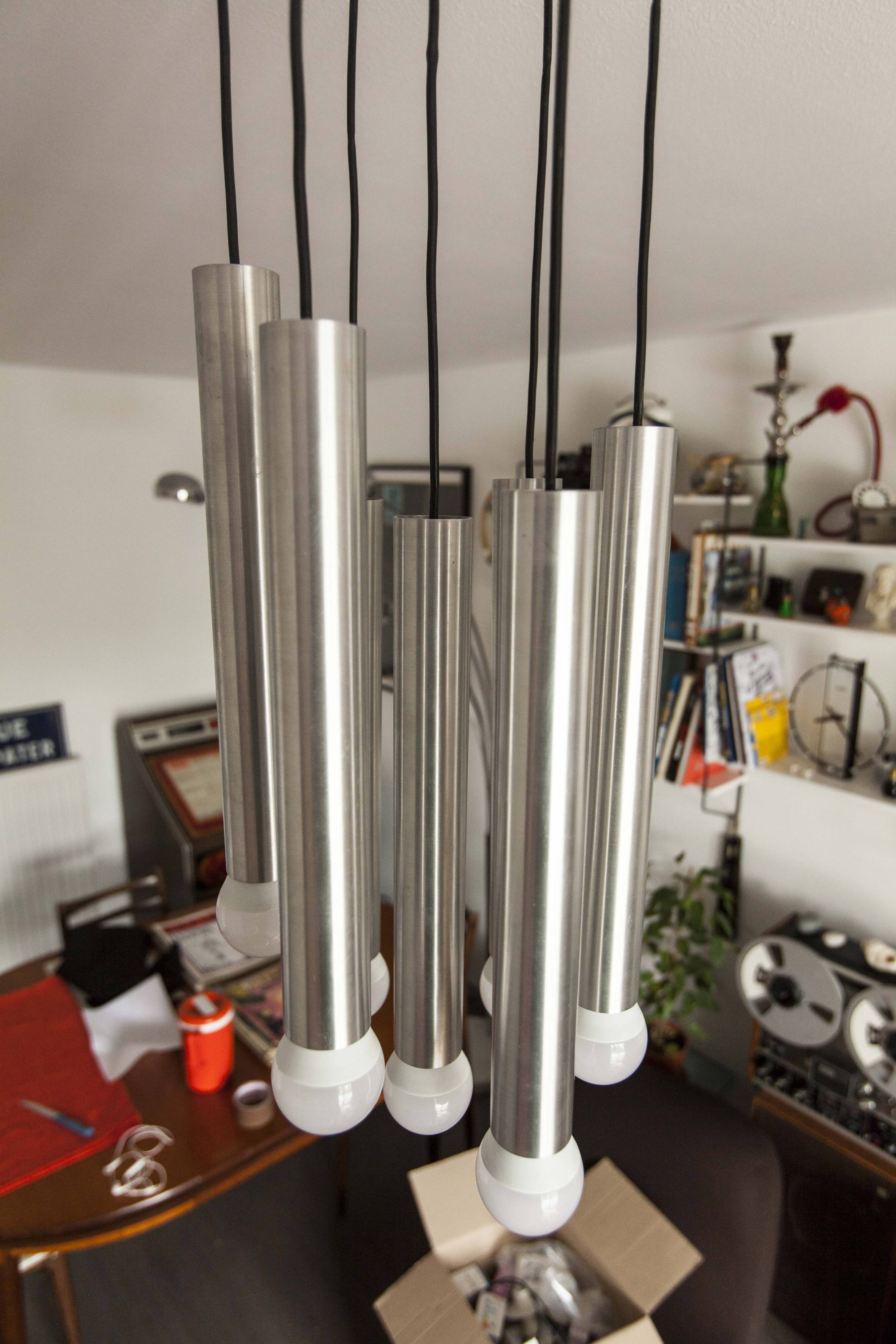 Aluminum waterfall ceiling light by Kaiser Idell / Leuchten, Germany, 1960s