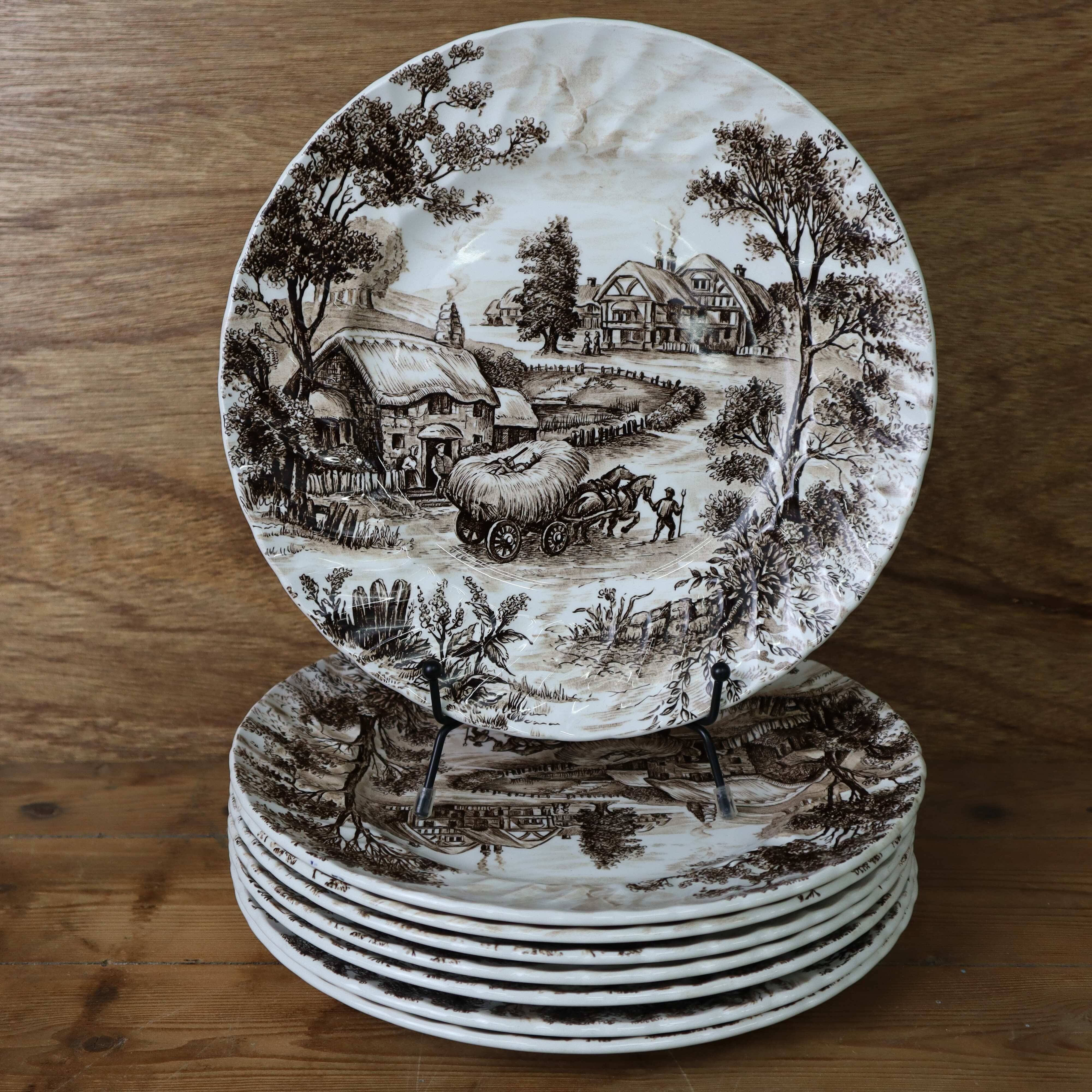 Set of 8 Vintage English Staffordshire 'HAYRIDE' Dinner Plates