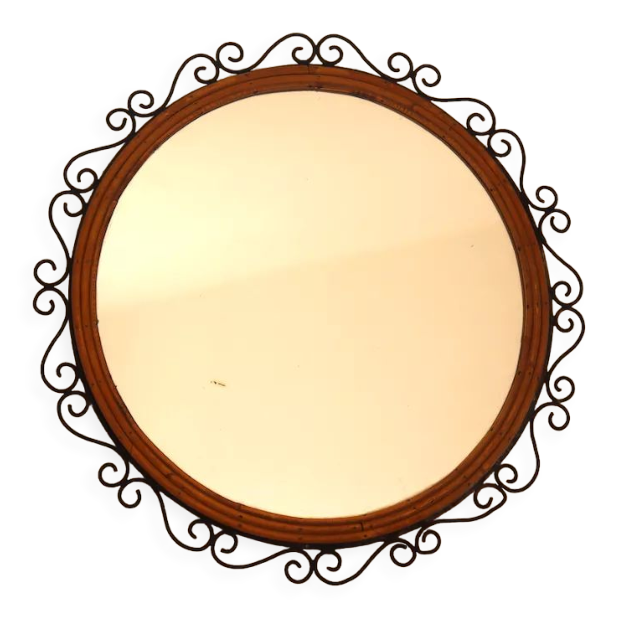 Round iron and rattan mirror