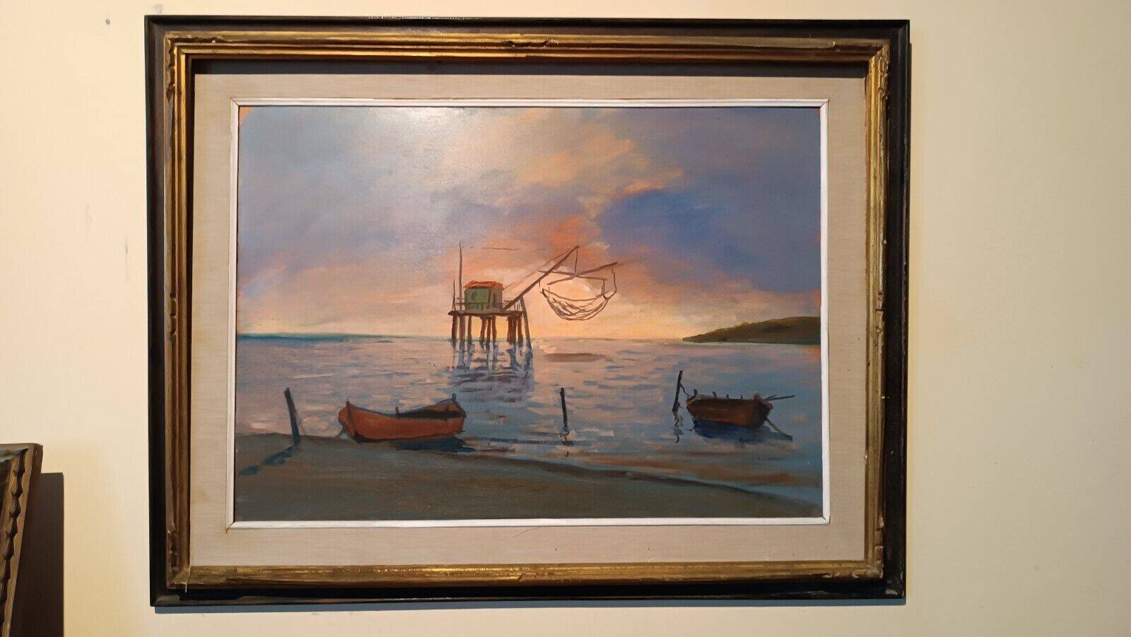 Oil painting on faesite 70s mouth of the Arno Pisa