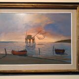 Oil painting on faesite 70s mouth of the Arno Pisa