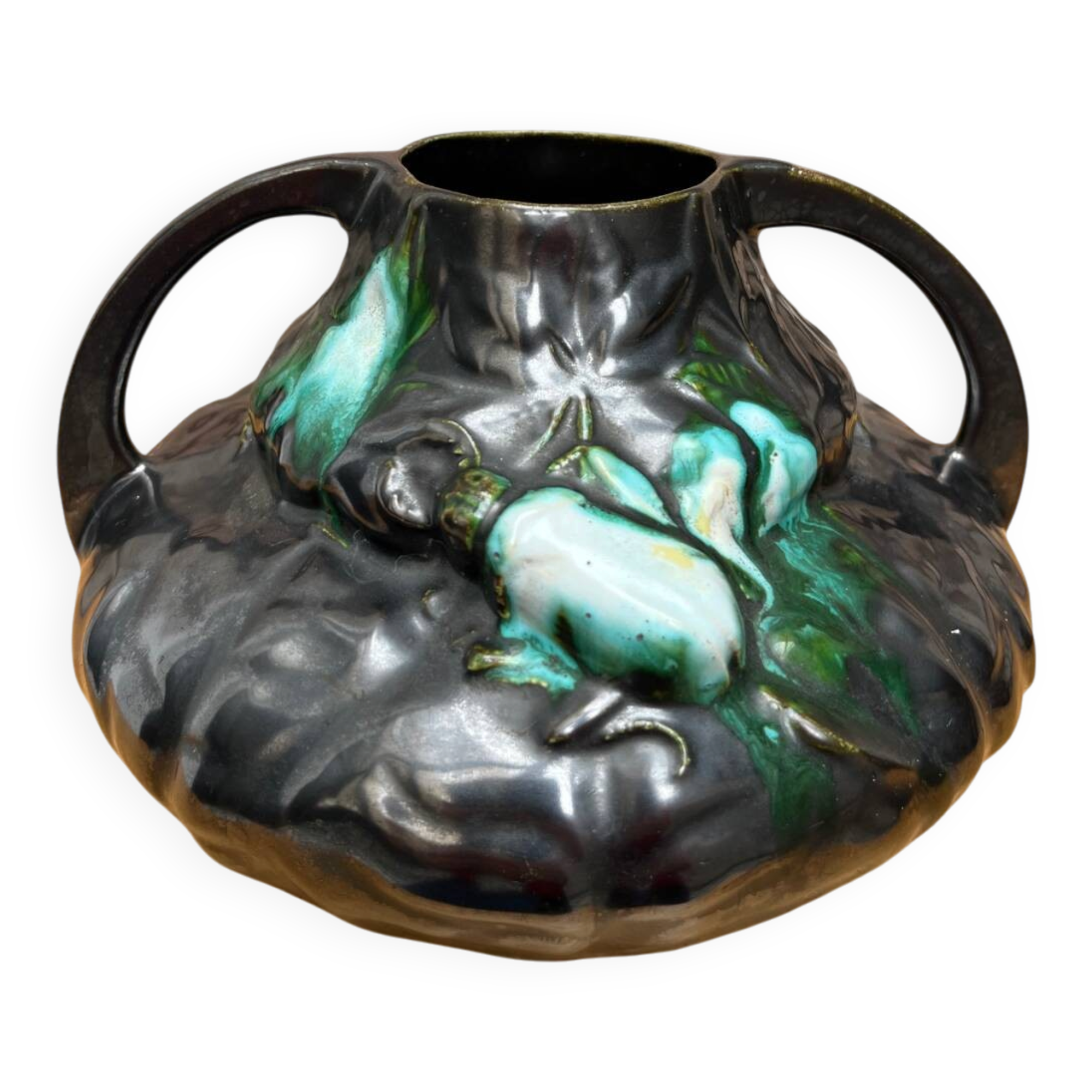 Art Nouveau barbotine vase with "scarabs" decoration.