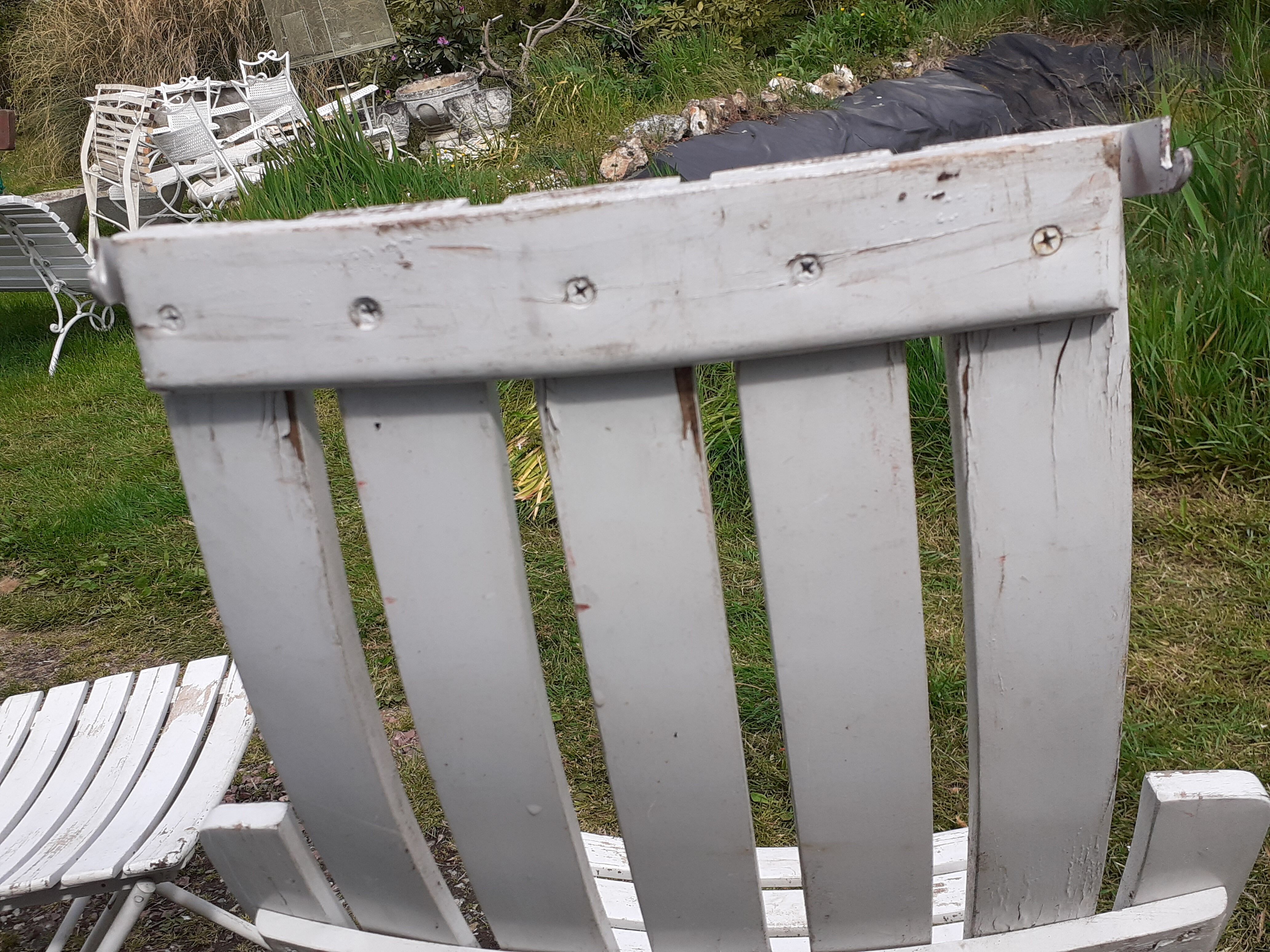 Pair of iron and old wood garden chairs