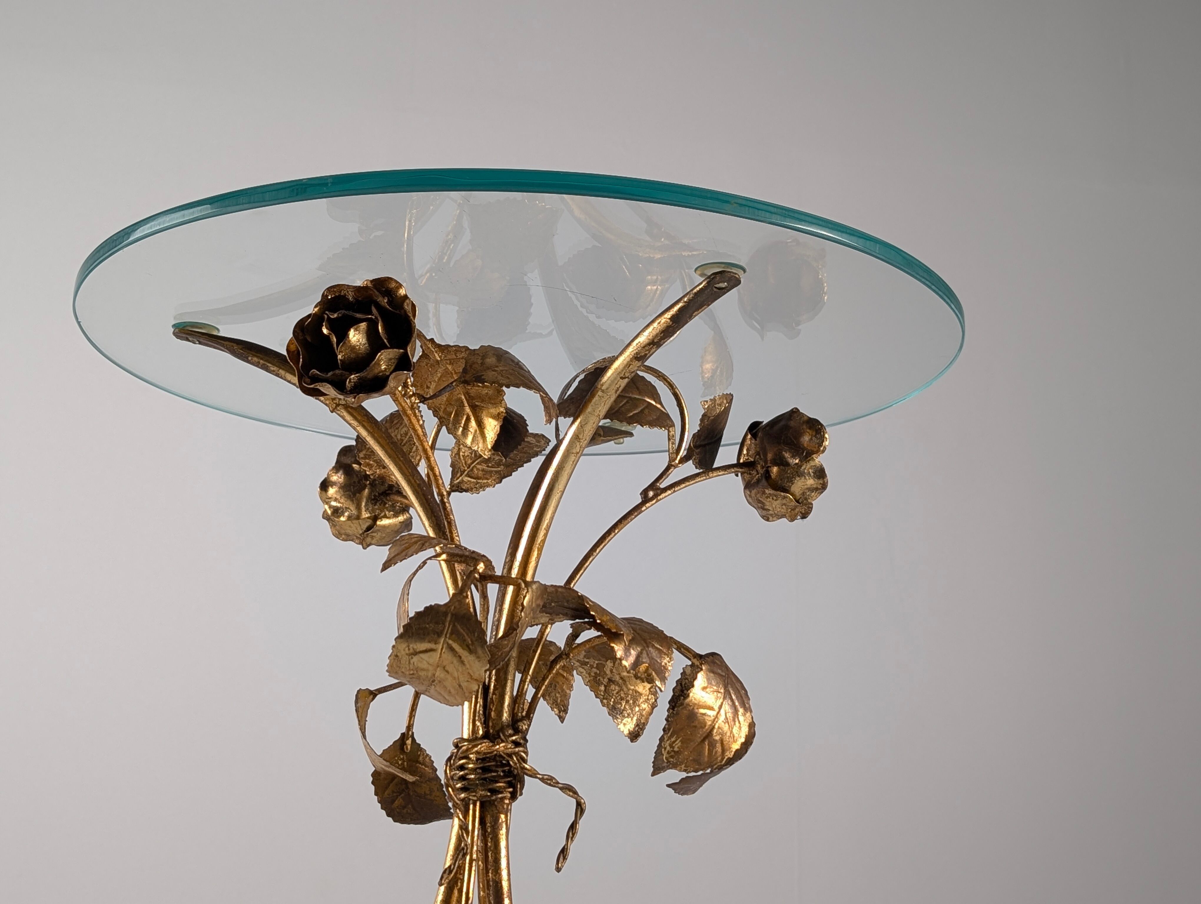 Mid-century side table in gilded metal with roses and glass top, 1970s