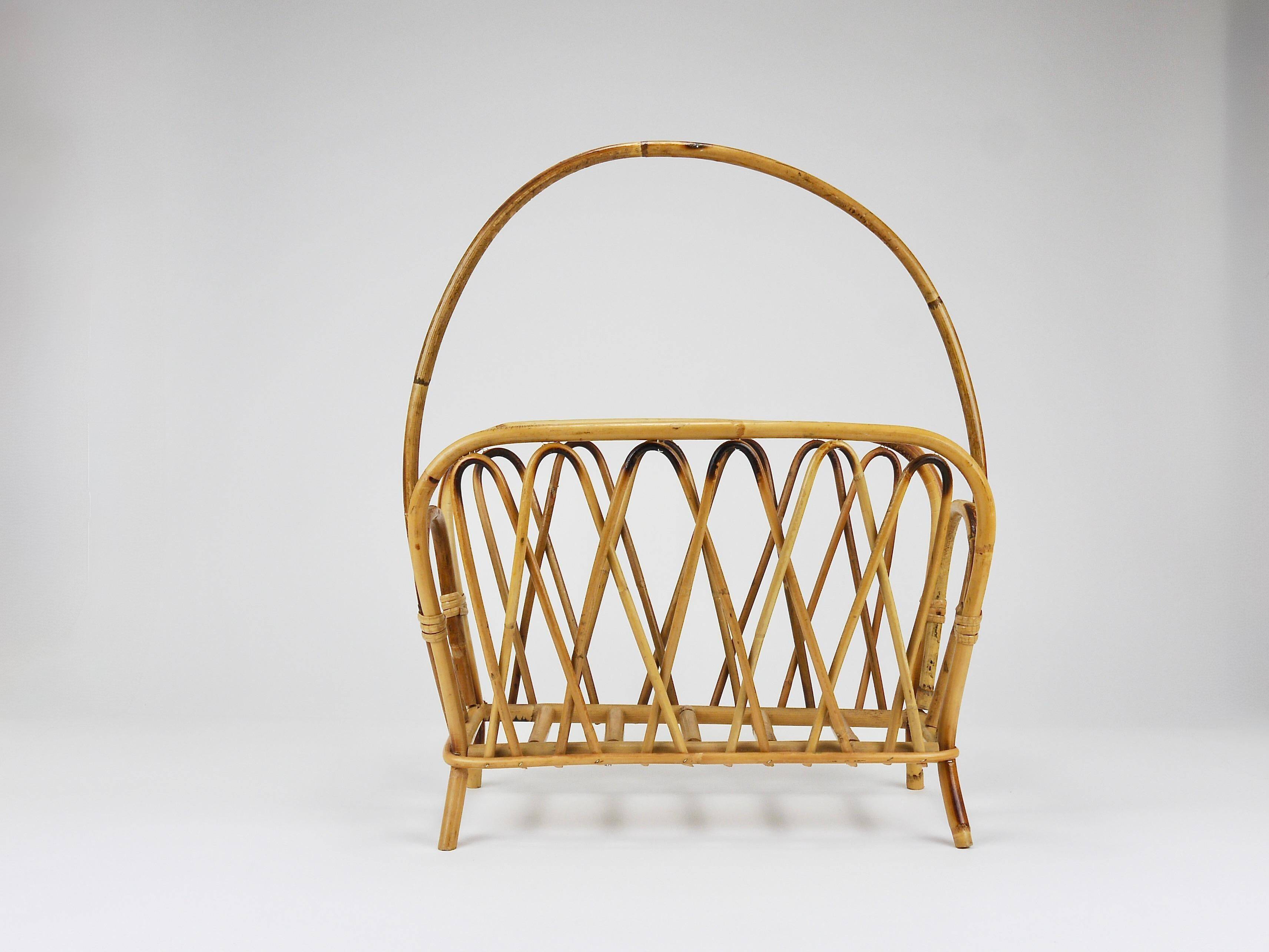 Bamboo and rattan magazine rack in the style of Franco Albini, Italy, 1970s.