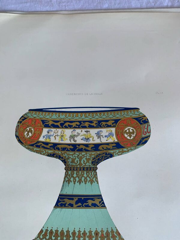 Lithographie ancienne orientale - Coupe persane émaillée