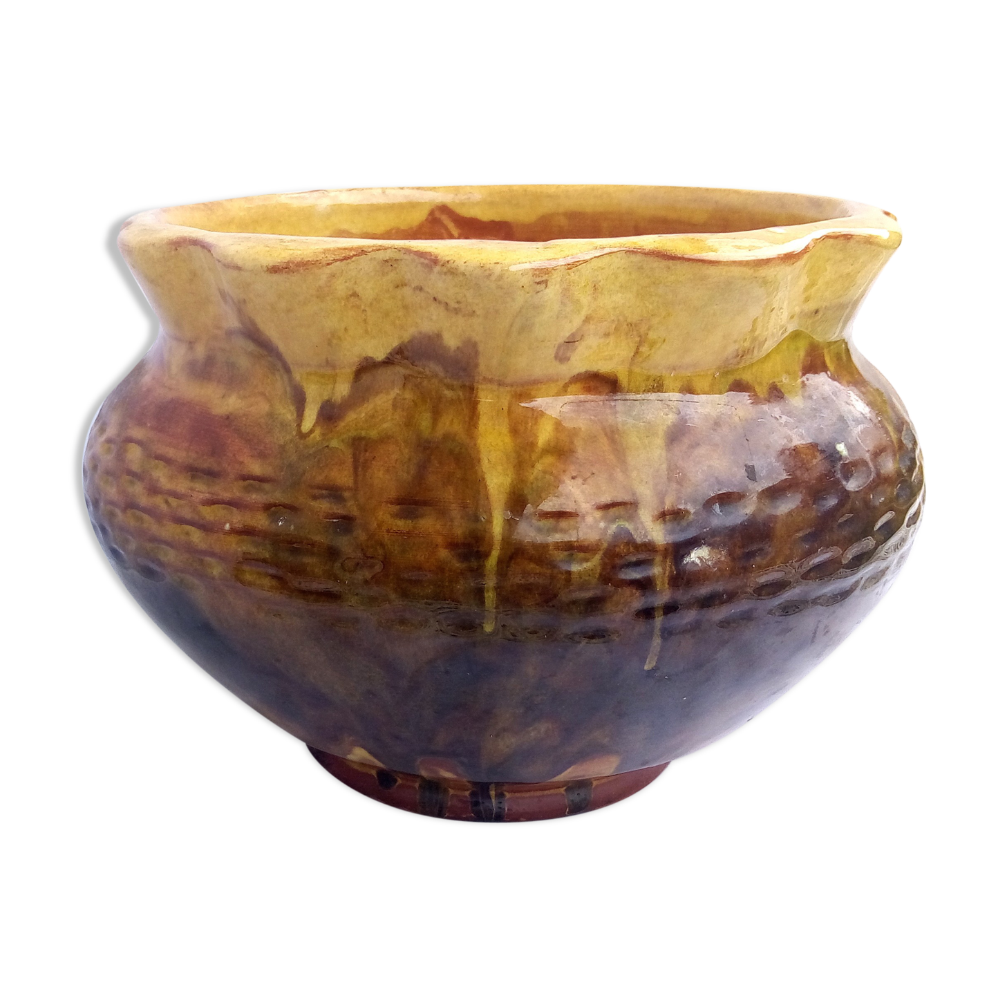 Rustic pot in brown and ochre enamelled earth