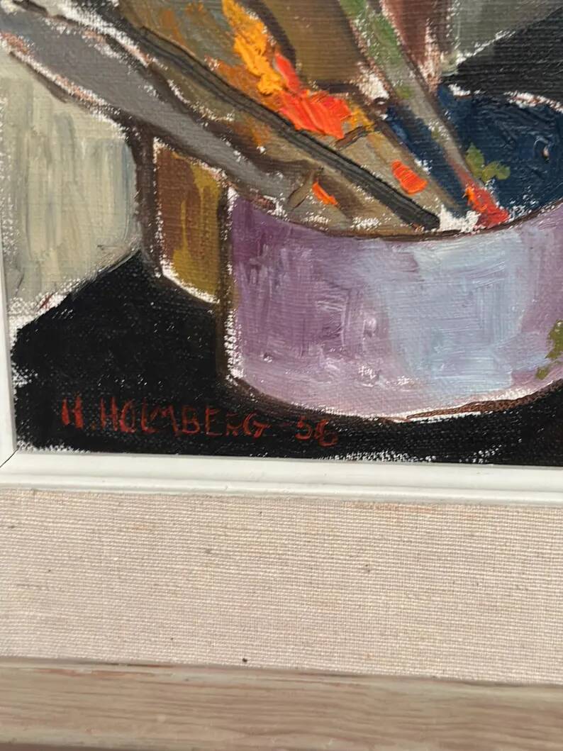 Original Swedish Oil on Canvas – “Still Life” by Harry Holmberg – Signed – Dated 1956 – Vintage & Framed – 47 × 34.5 cm (18.5" × 13.6")