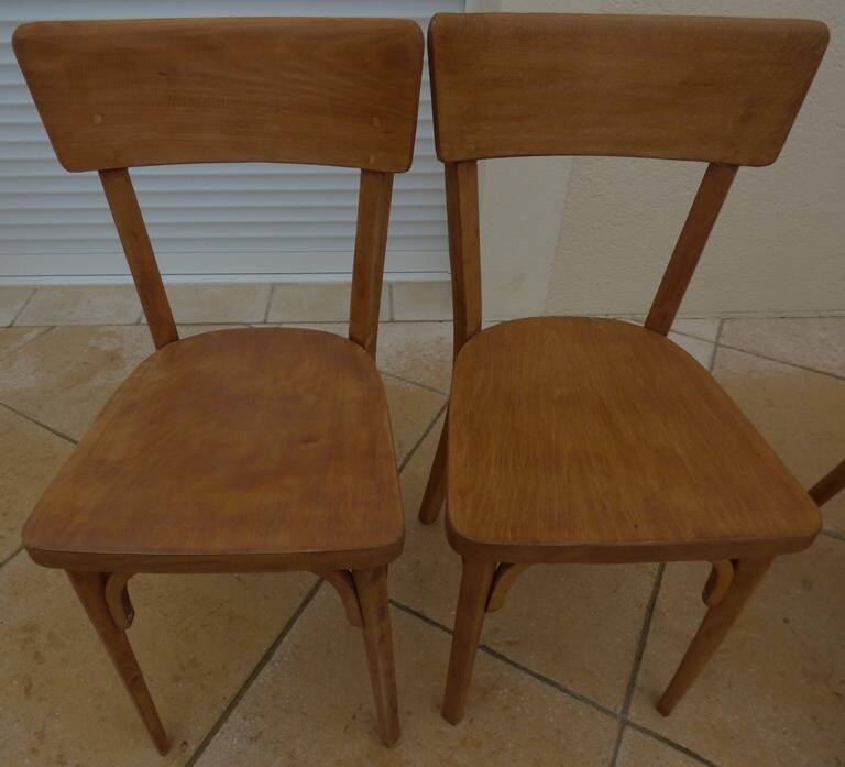 6 vintage Baumann wooden bistro chairs in their patina