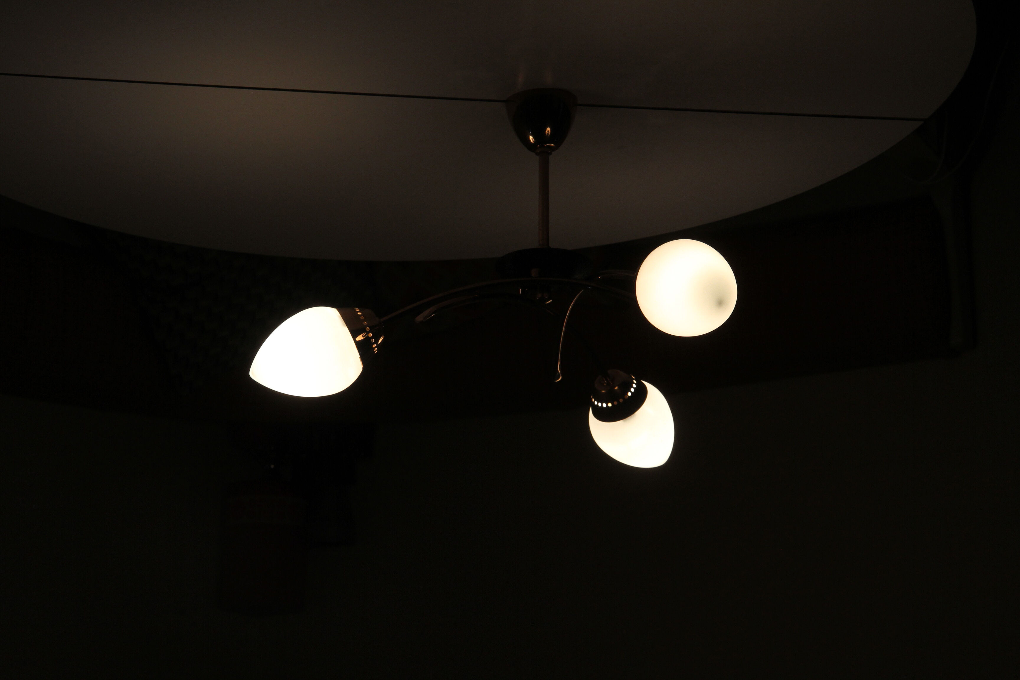 Three-arm brass and glass chandelier from the 1950s