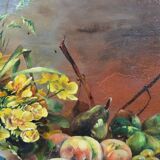 Jhane JONCHERY (19th~20th century) "Still life with flowers and fruits: peaches, grapes, plums"