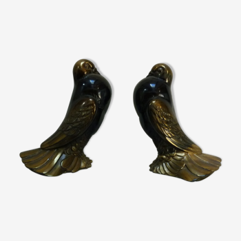 Pair of bookends pigeons doves in regular patinated bronze on marble base 1930