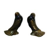 Paire de serre-livres pigeons tourterelles colombes en régule patiné bronze sur socle marbre 1930