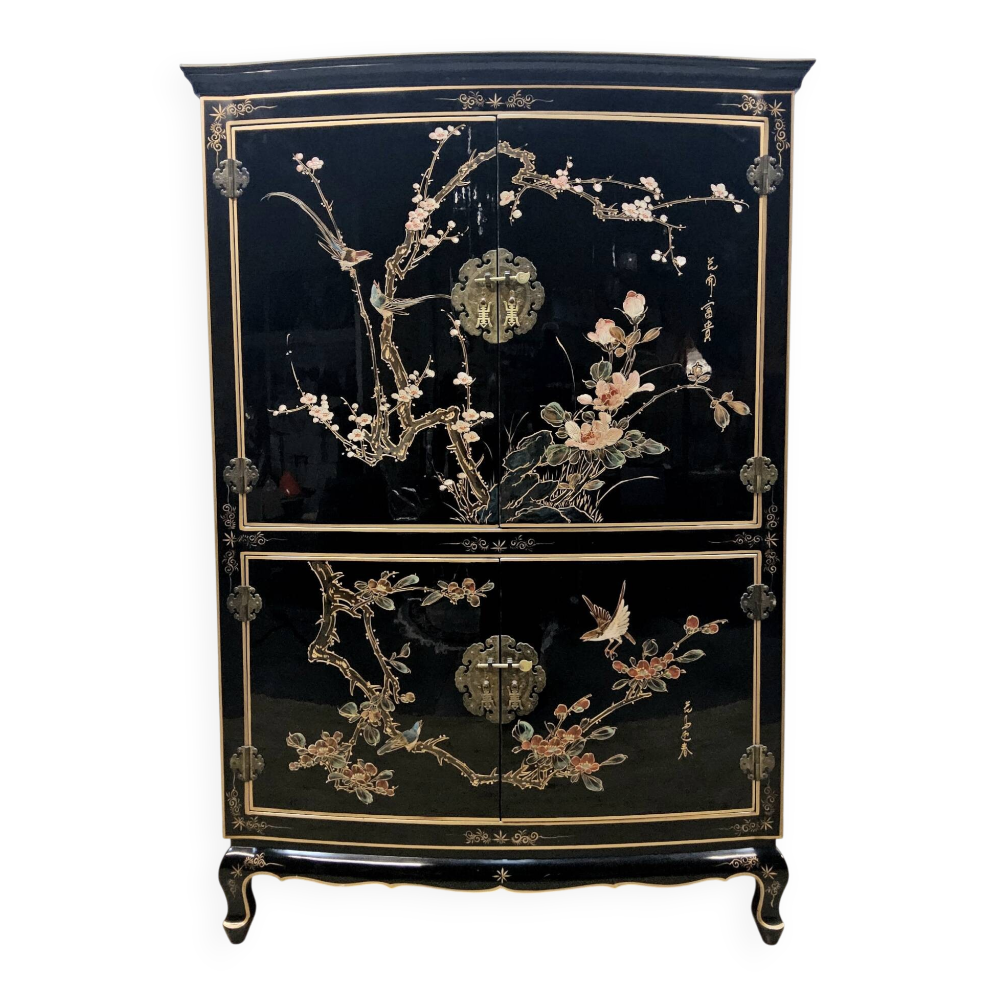 Vintage Chinese lacquer cabinet with black flowers and birds / bohemian
