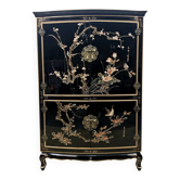 Cabinet en laque chinoise vintage fleurs et oiseaux noirs / bohème