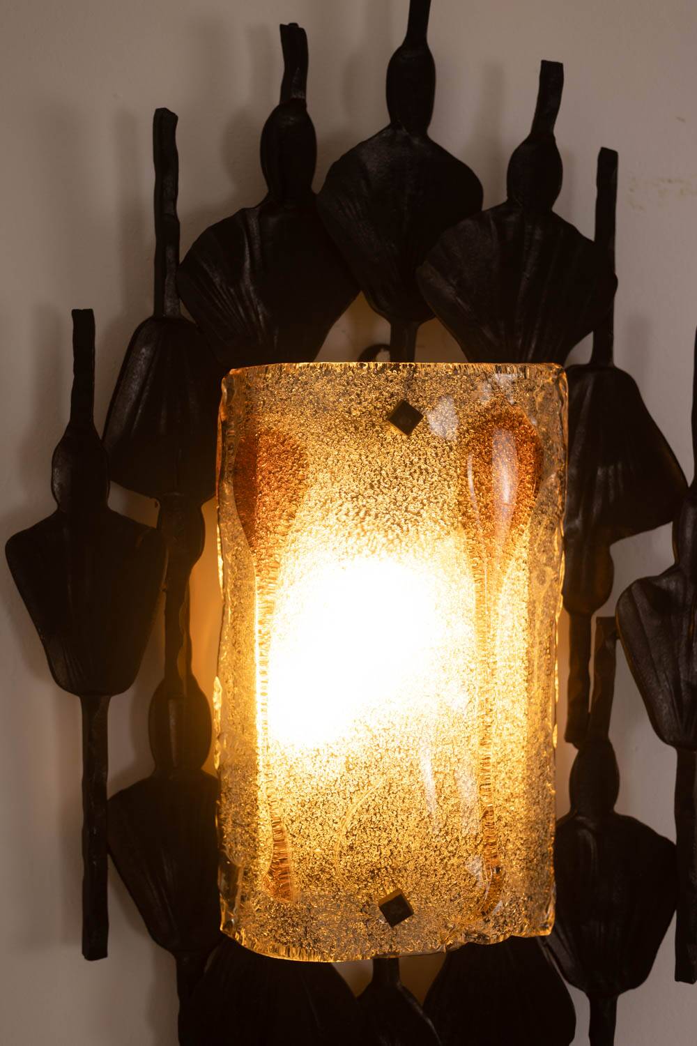 Mazzega. Pair of Brutalist wall lights in glass and iron. 1950s.